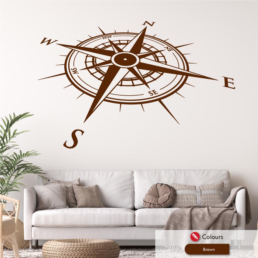 Angled compass wall art decal in brown