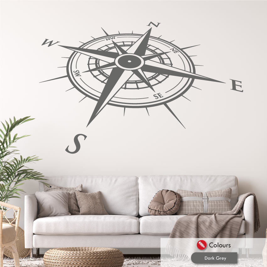 Angled compass wall art decal in dark grey