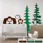 Animal and Pine tree wall art forest themed decal set in brown, green and forest green colours