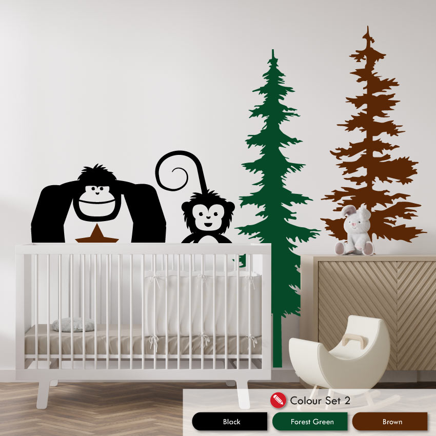 Animal and Pine tree wall art forest themed decal set in black, forest green and brown colours