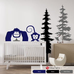 
            
                Load image into Gallery viewer, Animal and Pine tree wall art forest themed decal set in navy, black, and dark grey colours
            
        