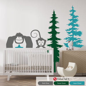 Animal and Pine tree wall art forest themed decal set in dark grey, forest green and aqua green colours