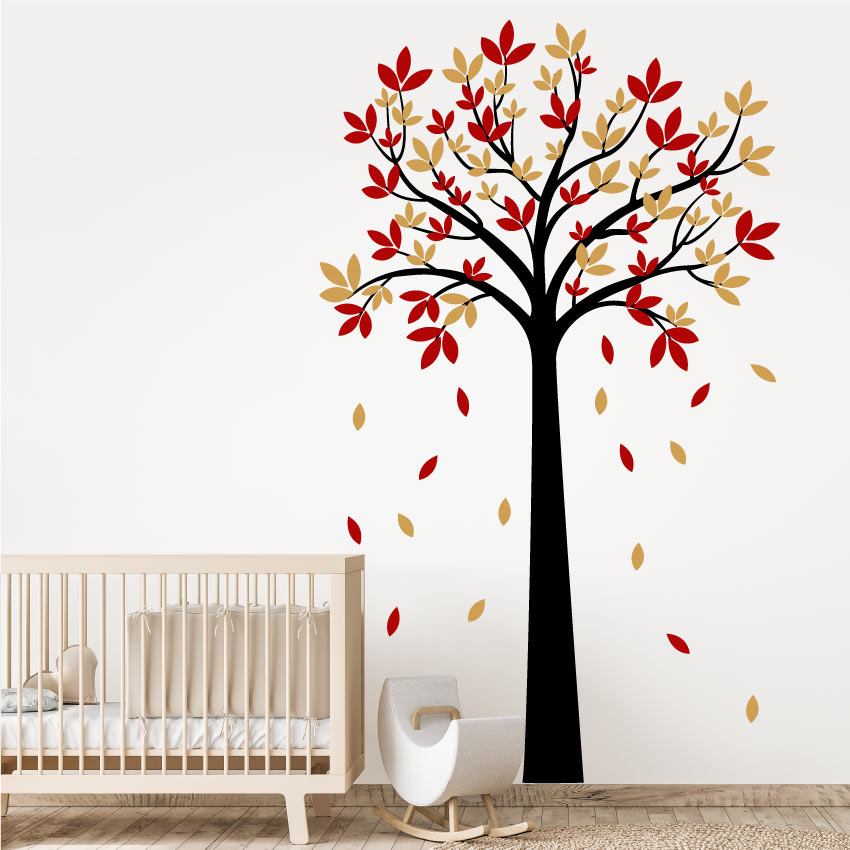 Autumnal Tree Bedroom Wall Sticker Black Red & Gold