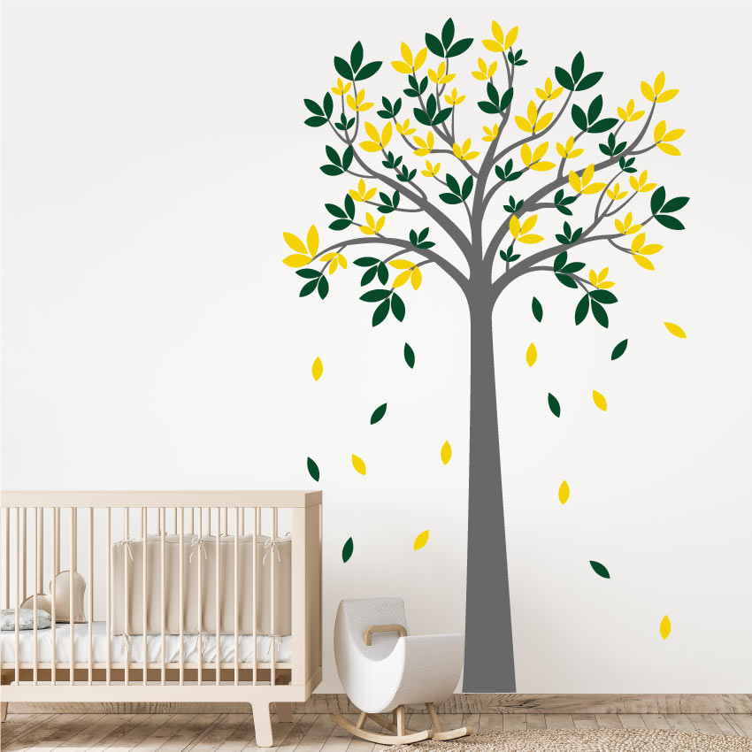 
            
                Load image into Gallery viewer, Autumnal Tree Nursery Wall Sticker Dark Grey Forest Green Mid Yellow
            
        