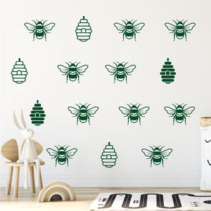 
            
                Load image into Gallery viewer, Bees and hives wall art sticker set forest green
            
        