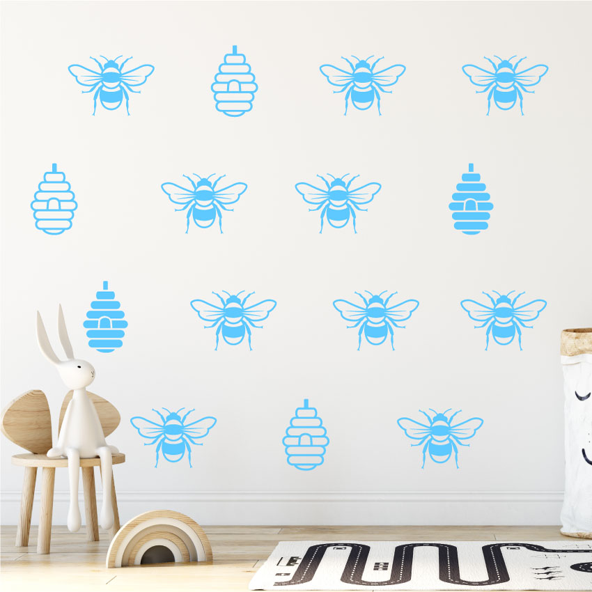 Bees and hives wall art sticker set baby blue