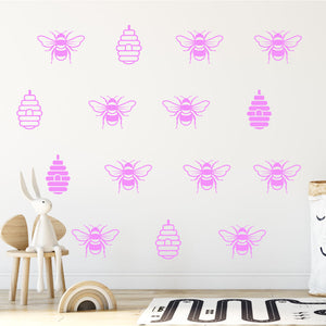 Bees and hives wall art sticker set pink