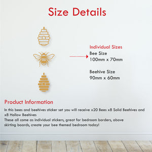 
            
                Load image into Gallery viewer, Bees and hives wall art sticker set size details
            
        