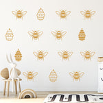 Bees and hives wall art sticker set gold