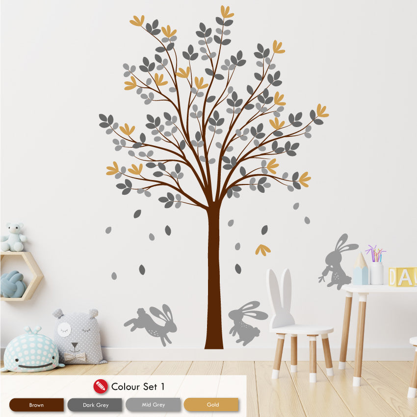 
            
                Load image into Gallery viewer, Tree &amp;amp; Bunny Rabbits nursery wall art decal  brown dark grey mid grey &amp;amp; gold
            
        