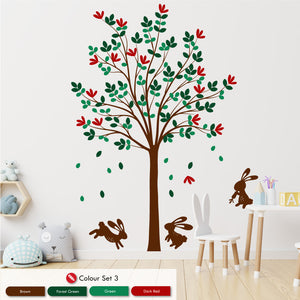 
            
                Load image into Gallery viewer, Tree &amp;amp; Bunny Rabbits nursery wall art decal brown forest green green dark red
            
        