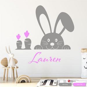 Bunny and carrot girls wall personalised wall sticker mid grey baby pink