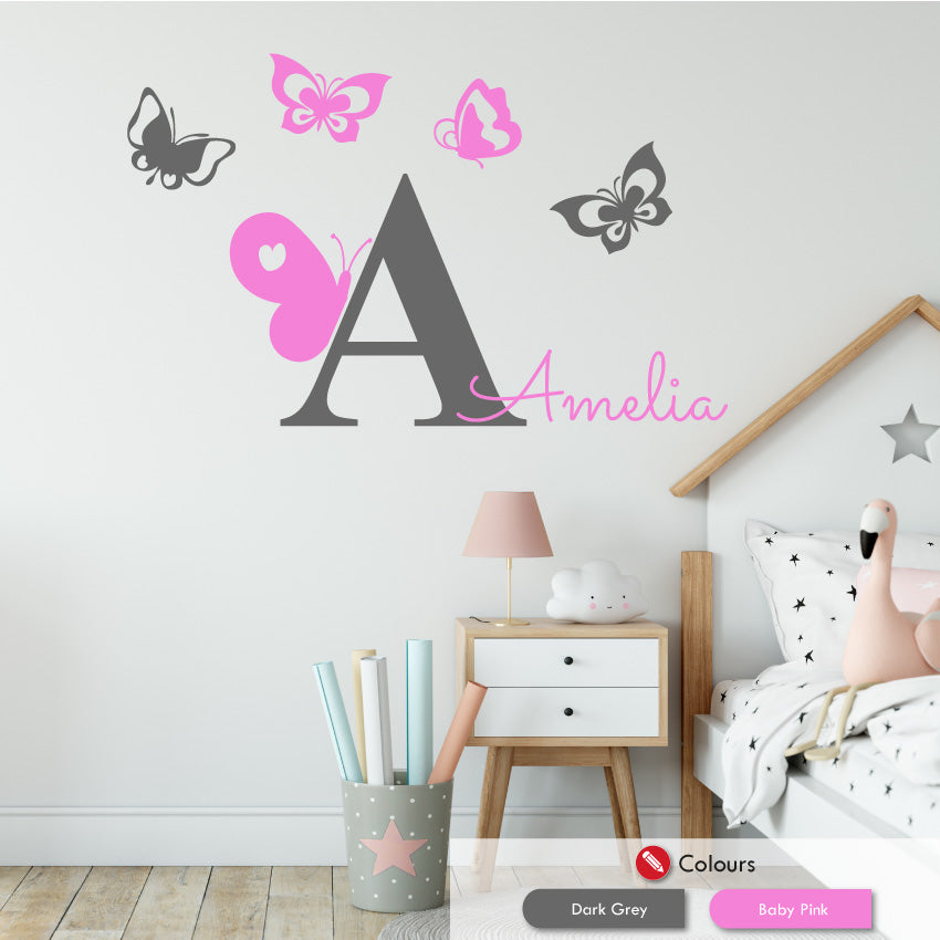 
            
                Load image into Gallery viewer, Butterflies personalised wall decal dark grey baby pink
            
        