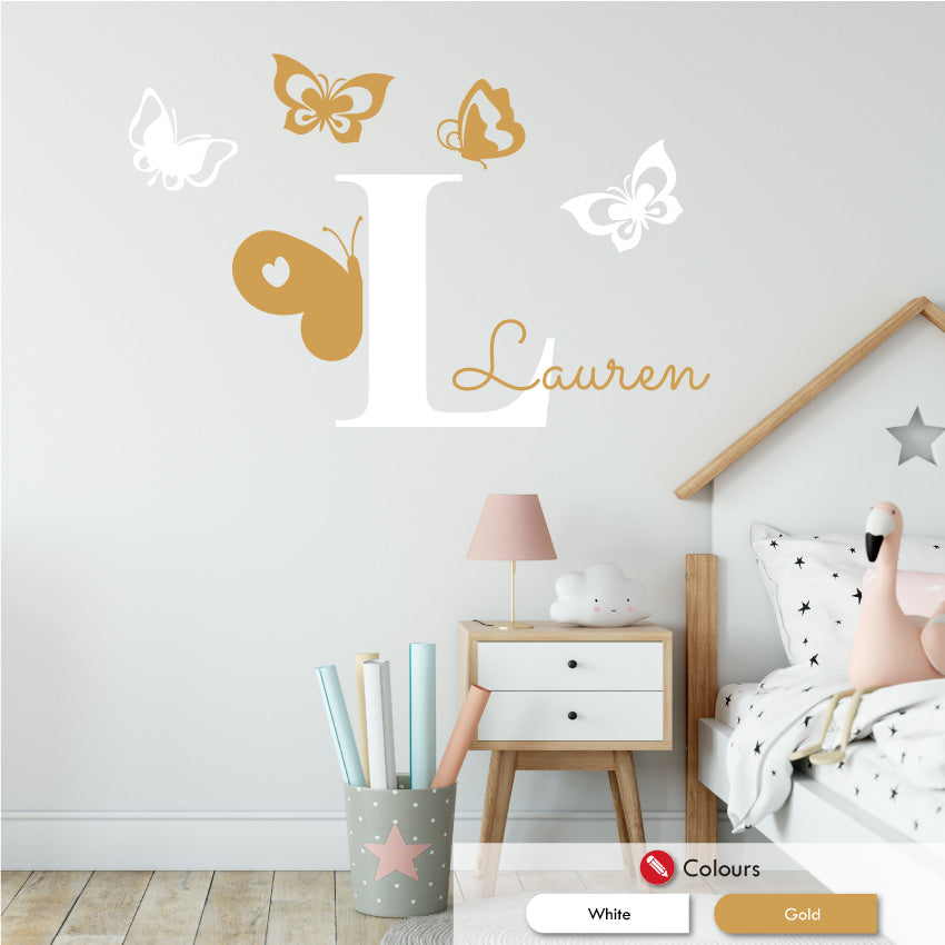 
            
                Load image into Gallery viewer, Butterflies personalised wall decal white gold
            
        
