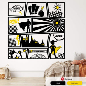 
            
                Load image into Gallery viewer, Comic Book Superhero Boys Bedroom Wall Decal Black and Mid Yellow
            
        
