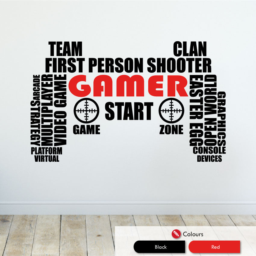 Gaming Word Cloud Wall Bedroom Wall Decal Black Red