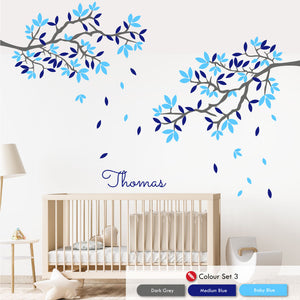 
            
                Load image into Gallery viewer, Corner Tree Personalised Wall Art Bedroom Decal dark grey medium blue baby blue
            
        