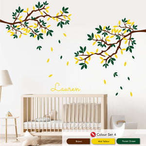
            
                Load image into Gallery viewer, Corner Tree Personalised Wall Art Bedroom Decal brown mid yellow forest green
            
        