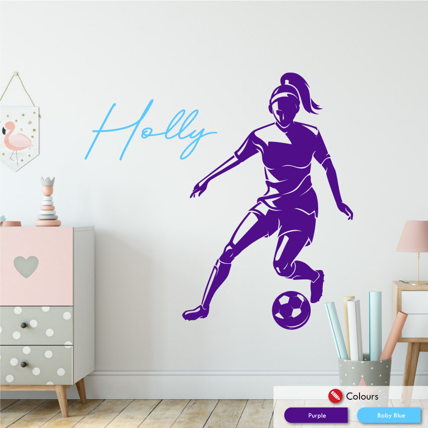 Girls football personalised wall decal purple baby blue