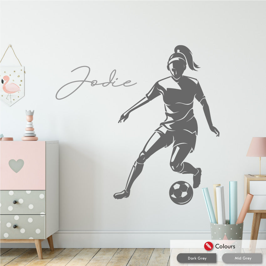 Girls football personalised wall decal dark grey mid grey