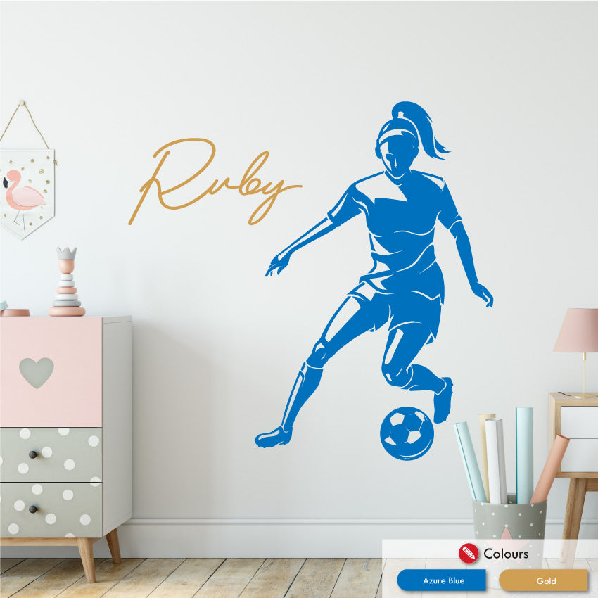 
            
                Load image into Gallery viewer, Girls football personalised wall decal azure blue gold
            
        