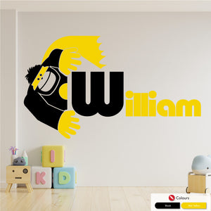 
            
                Load image into Gallery viewer, Superhero Gorilla wall art sticker with name and initial in black and mid yellow colours
            
        
