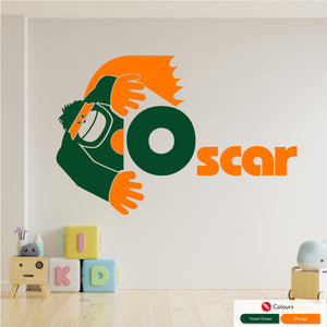 Superhero Gorilla wall art sticker with name and initial in forest green and orange colours