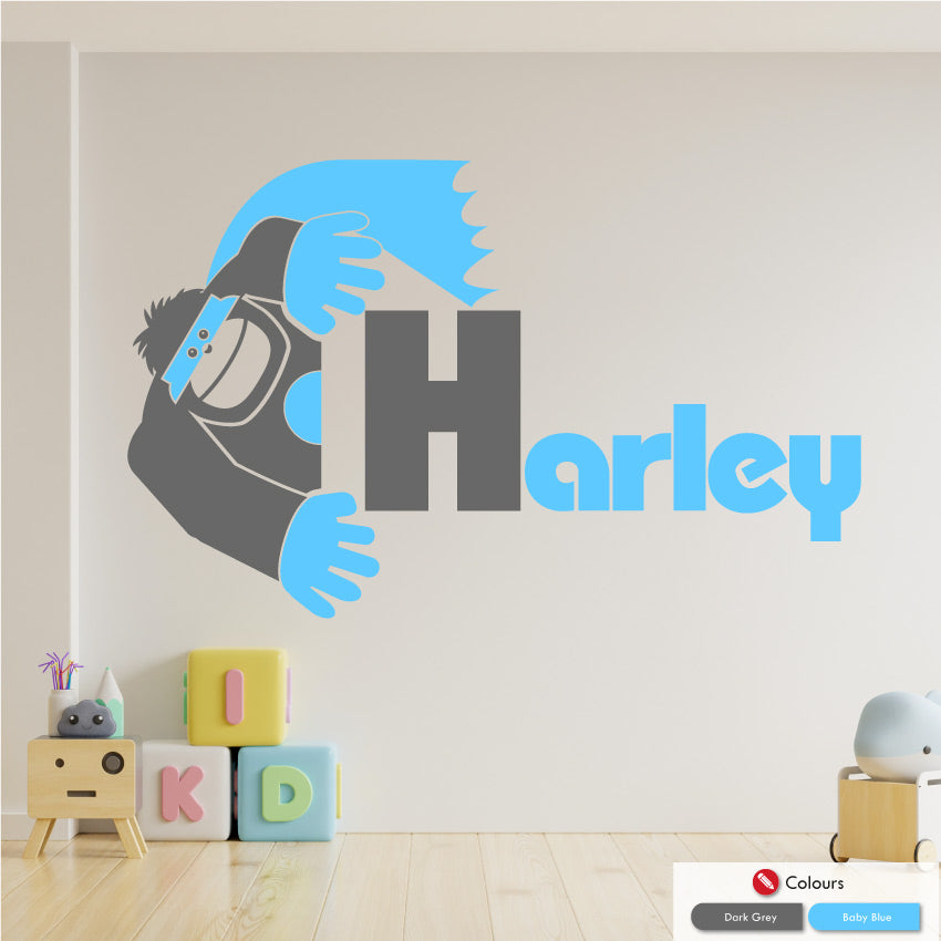 
            
                Load image into Gallery viewer, Superhero Gorilla wall art sticker with name and initial in dark grey and baby blue colours
            
        