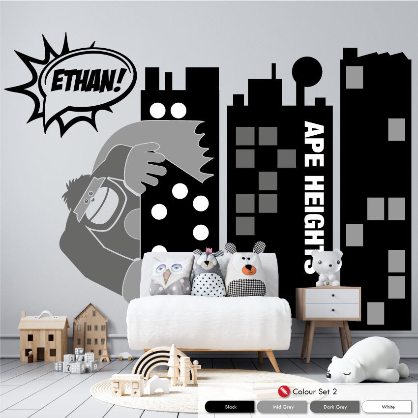 
            
                Load image into Gallery viewer, Superhero Towers Boys personalised wall art sticker black, white, dark grey, mid grey
            
        