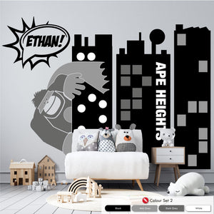 Superhero Towers Boys personalised wall art sticker black, white, dark grey, mid grey