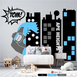 Superhero Towers Boys personalised wall art sticker black, baby blue, dark grey, white