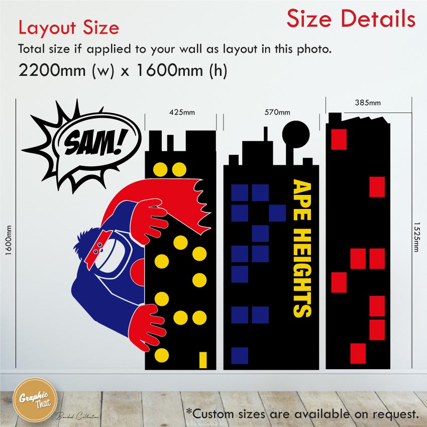 Superhero Towers Boys personalised wall art sticker size 2200mm x 1600mm