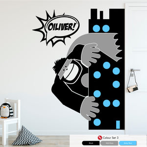 
            
                Load image into Gallery viewer, Gorilla leaning out from a skyline tower in black mid grey and baby blue colours used 
            
        