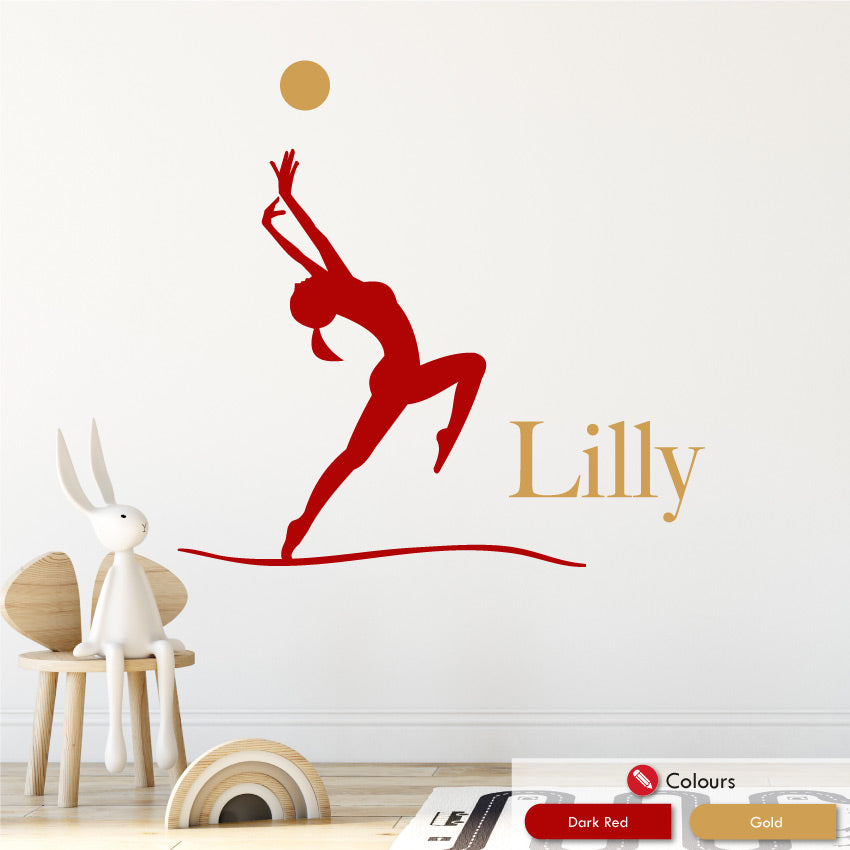 Gymnastics personalised wall art decal dark red & gold