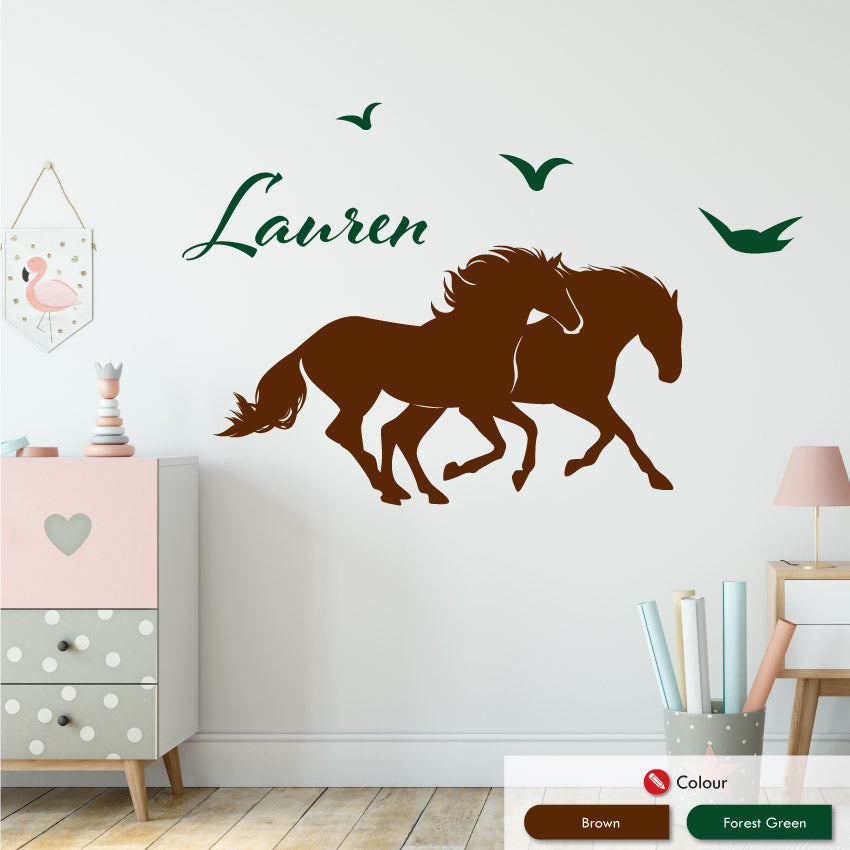 
            
                Load image into Gallery viewer, Horses personalised wall sticker brown forest green
            
        