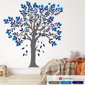 
            
                Load image into Gallery viewer, Large Tree And Birds Wall Decal Dark Grey Branches Azure Blue and Navy Leaves
            
        