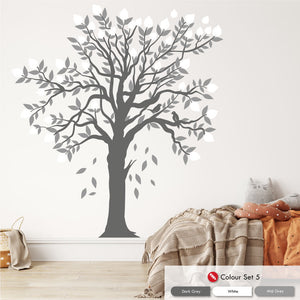 
            
                Load image into Gallery viewer, Large Tree And Birds Wall Decal Dark Grey Branches White and Mid Grey Leaves
            
        