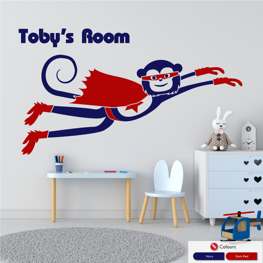 Cheeky monkey superhero flying with space for personalised name of your choice in navy and dark red colours