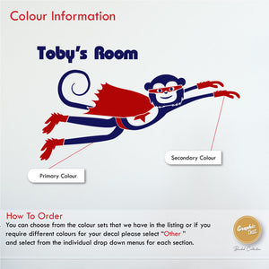 
            
                Load image into Gallery viewer, Cheeky monkey superhero flying wall decal colour information
            
        