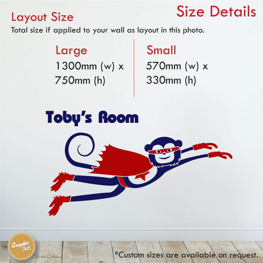 Cheeky monkey superhero flying wall decal sizes Small 570x330mm and large 1300x750mm