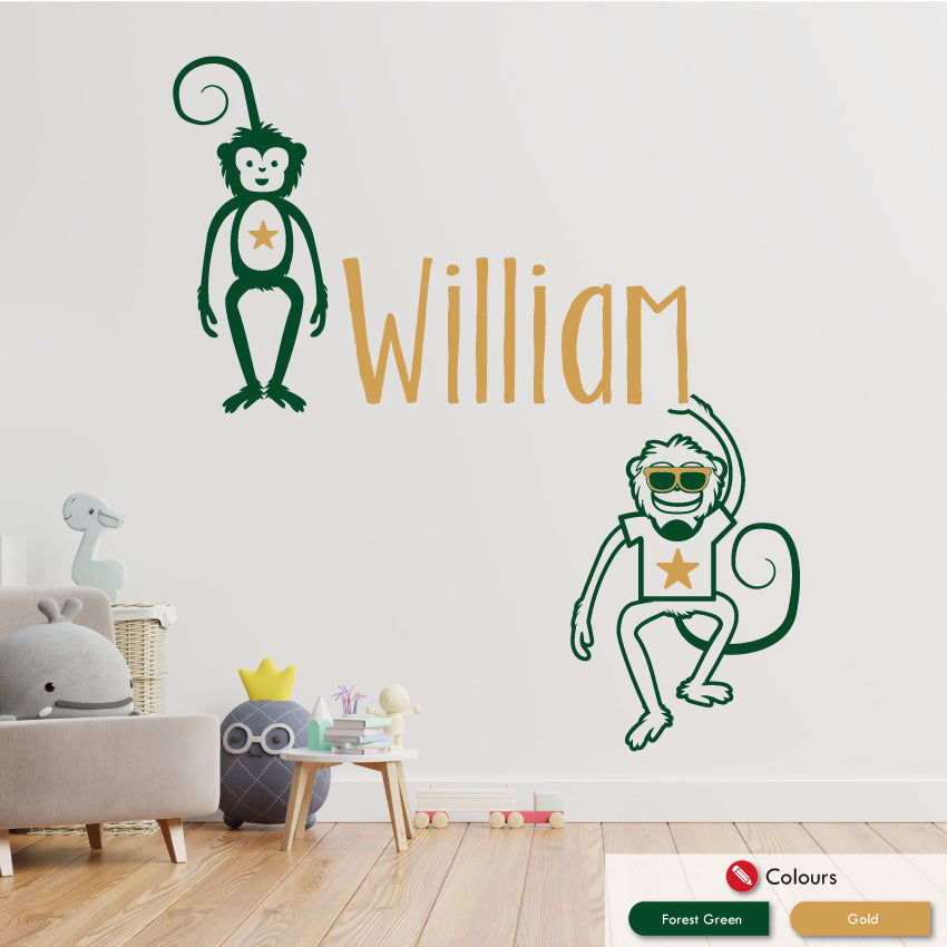 
            
                Load image into Gallery viewer, Monkeys personalised wall decal forest green &amp;amp; gold
            
        