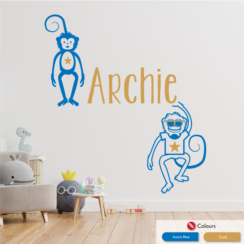 Monkeys personalised wall decal azure blue & gold