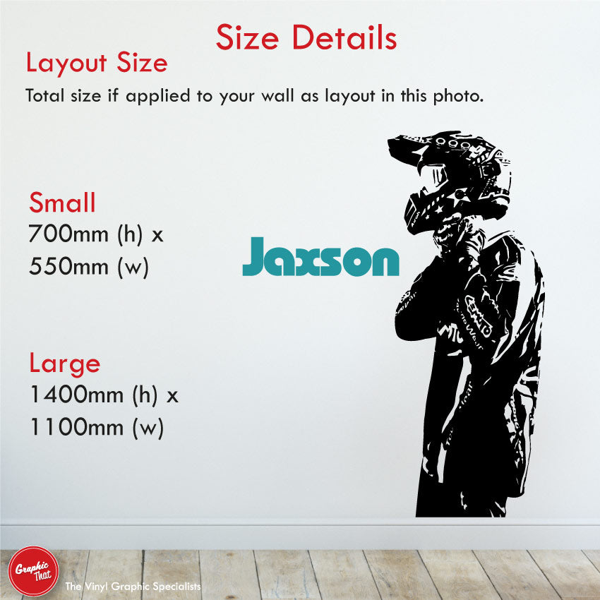 
            
                Load image into Gallery viewer, Motocross Rider Custom Name Wall Sticker sizes
            
        