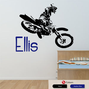 Motocross personalised name wall sticker decal black & medium blue