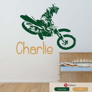 
            
                Load image into Gallery viewer, Motocross personalised name wall sticker decal forest green &amp;amp; gold
            
        