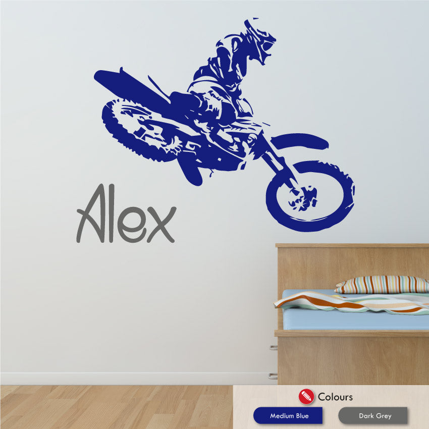 
            
                Load image into Gallery viewer, Motocross personalised name wall sticker decal medium blue &amp;amp; dark grey
            
        