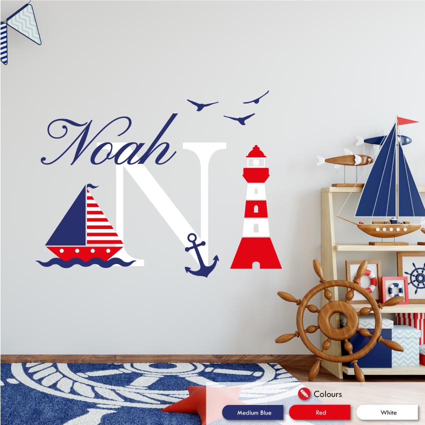 
            
                Load image into Gallery viewer, Nautical monogram personalised wall decal medium blue red white
            
        