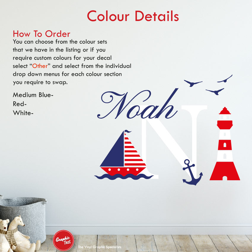 Nautical monogram personalised wall decal colour details