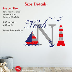 Nautical monogram personalised wall decal size 840mm x 640mm