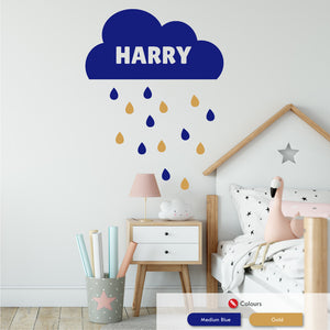 Personalised clouds and raindrops wall sticker medium blue & gold